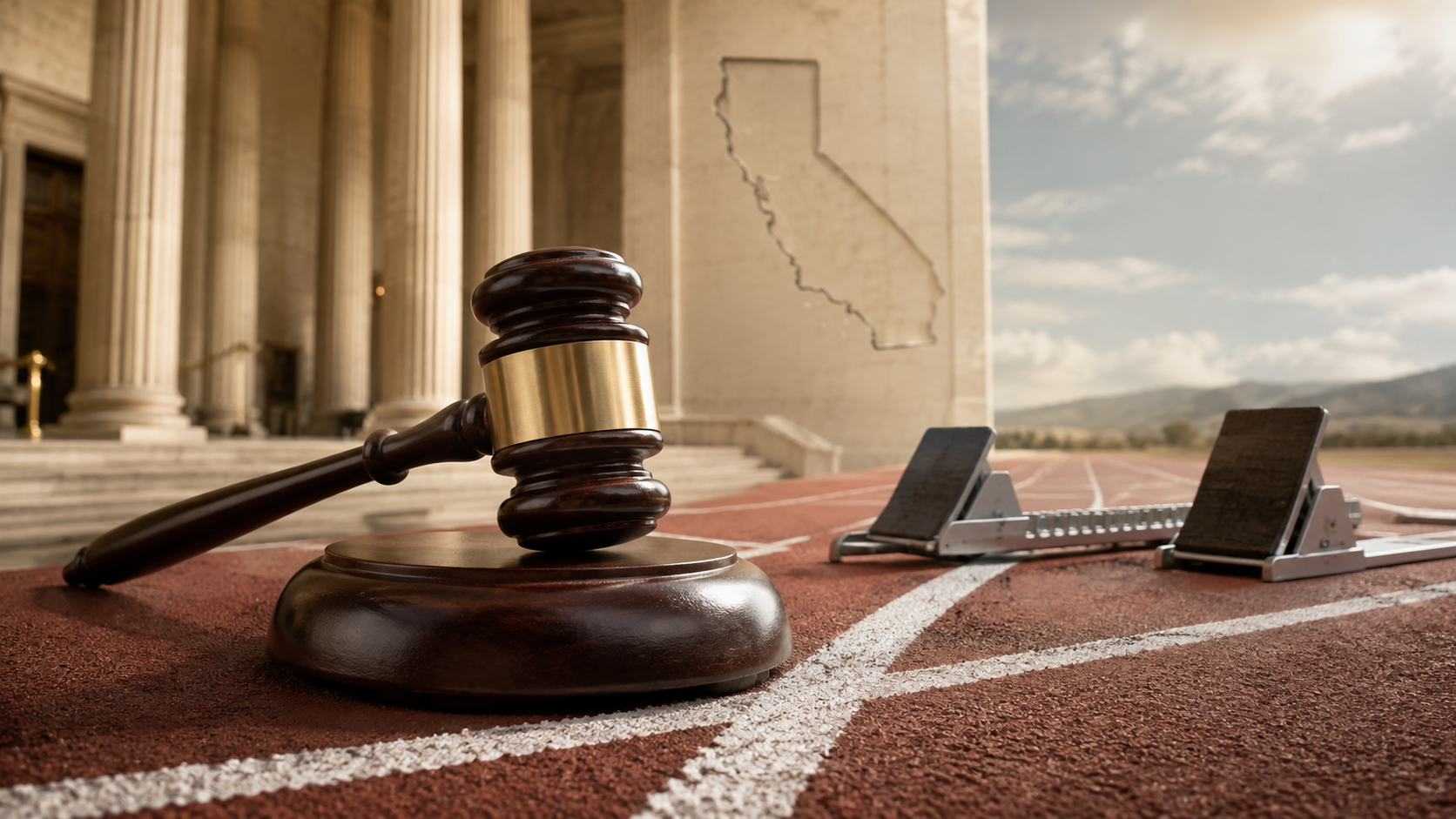 An editorial illustration of a judge’s gavel beside starting blocks on a running track with the outline of California in the background